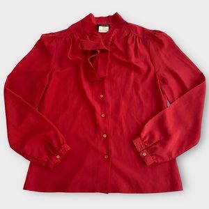 Vintage Panther Women’s Shirt Blouse Size 11/12 Button Up Tie Collar Muted Red
